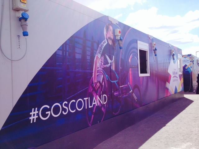 athletes village hut with goscotland  written on it for the commonwealth games 2014