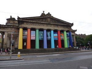 outside the Scottish national gallery in Edinburgh, the pillars are all different colours
