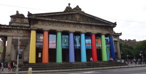 outside the Scottish national gallery in Edinburgh, the pillars are all different colours