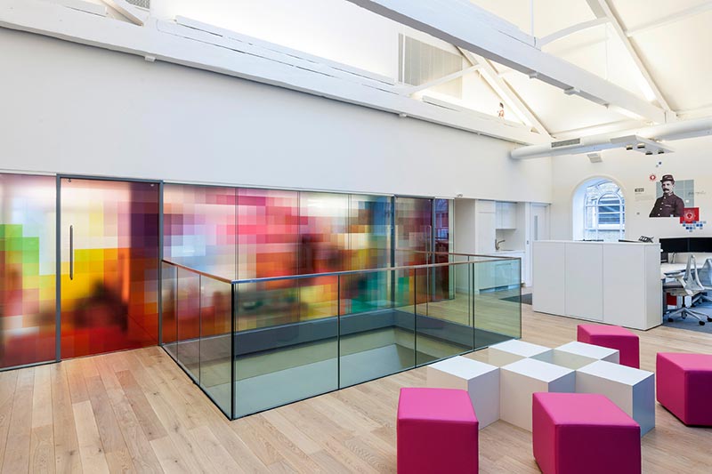 office interior with colourful cubed seats