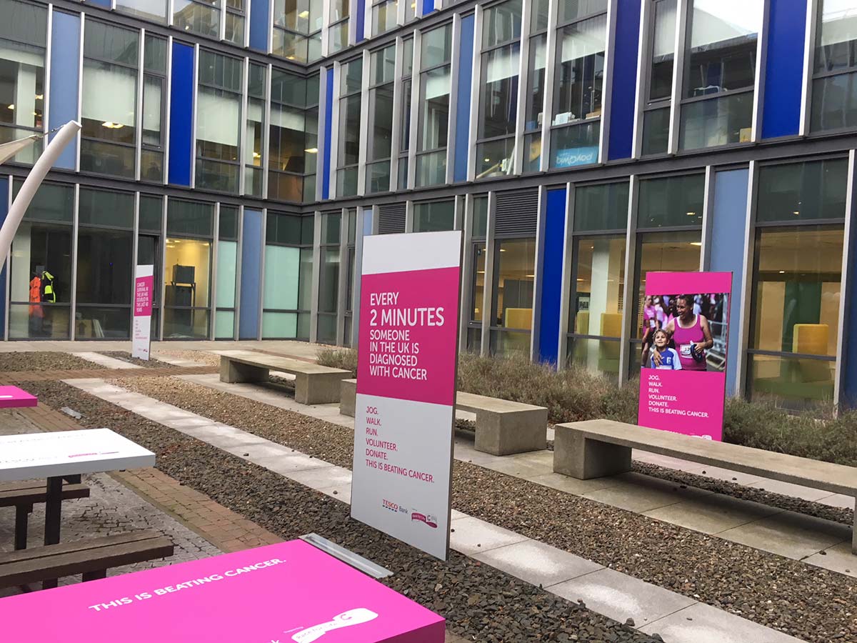 outdoor signs about beating cancer by the tesco bank