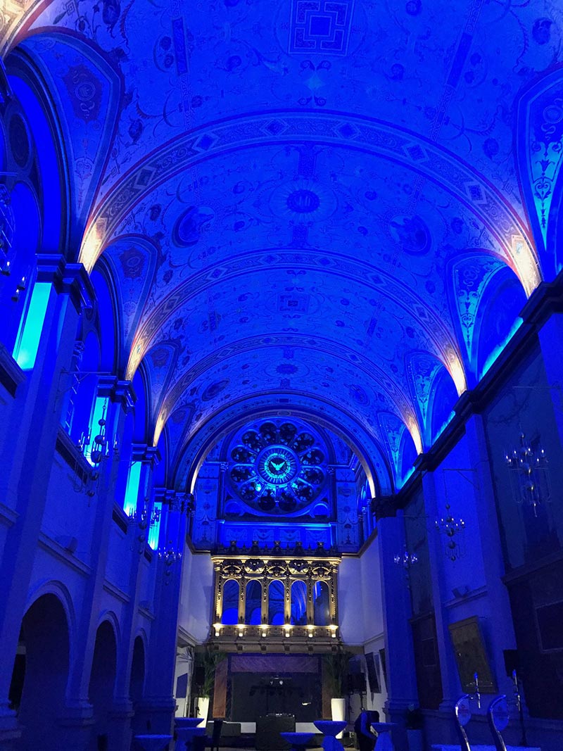 interior of a church with blue lighting