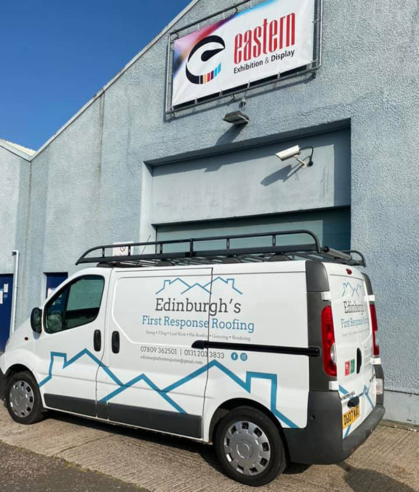 van with new livery outside the eastern building