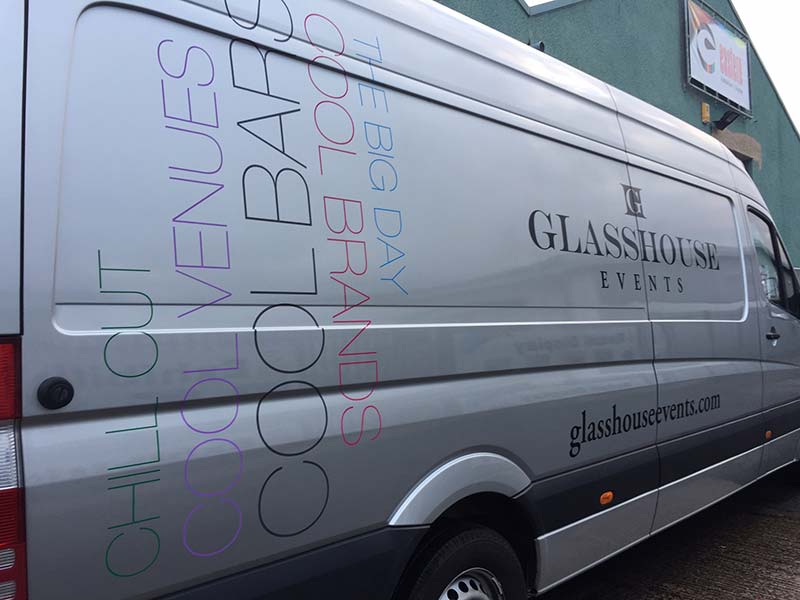 glass house events van with new lettering on the side