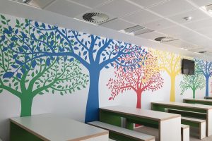 printed graphics with coloured trees