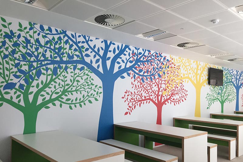 printed graphics with coloured trees 