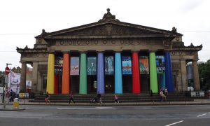 colourful banners outside the scottish national gallery in edinburgh
