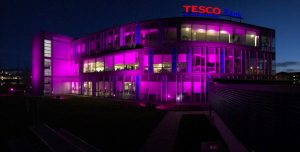 tesco bank headquarters all lit up in aid of cancer research