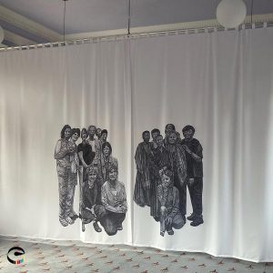 printed fabric curtain with people on it