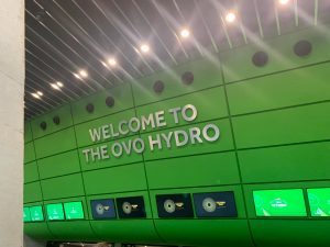 welcome to the ovo hydro sign with green panelling