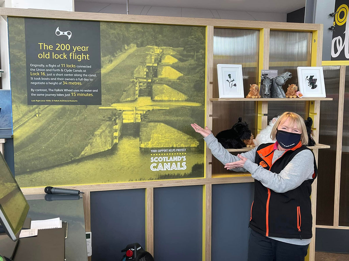 falkirk wheel info display, with a person in front